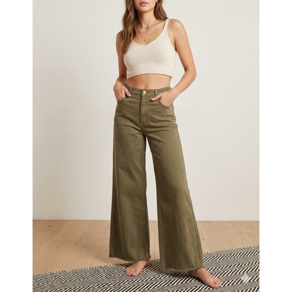 Free People Relaxed Wide-Leg Olive Green Raw Hem Pants Size 8 OB1195597